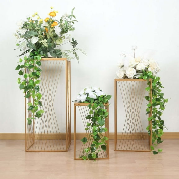 Balsa Circle 3 Gold Metal Pedestal Stands Geometric Crossed Lines Pattern Wedding Party Events Decorations