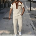 thumbnail image 2 of BLTIBY Mens Summer 2 Piece Outfits Waffle Short Sleeve Lace-up Hooded Shirts and Drawstring Pants Casual Loose Beach Loungewear with Pockets Khaki S, 2 of 5