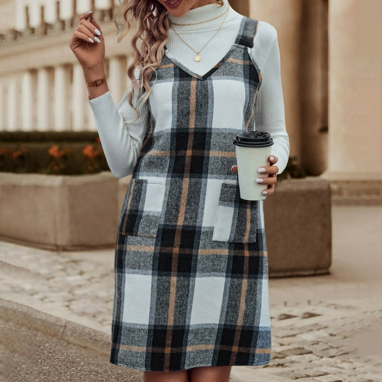 aohooy Plaid Jumper Dress Women - Sleeveless V Neck Dresses with