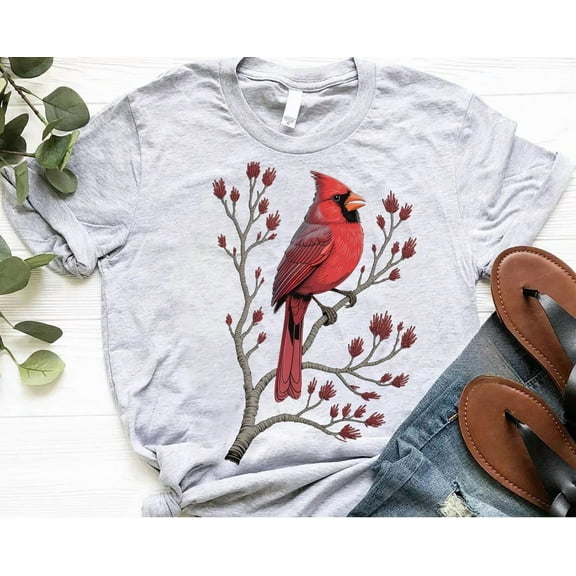 Cardinal Bird T-Shirt: Red Blossoms, Nature Lover Gift All Size S-5Xl