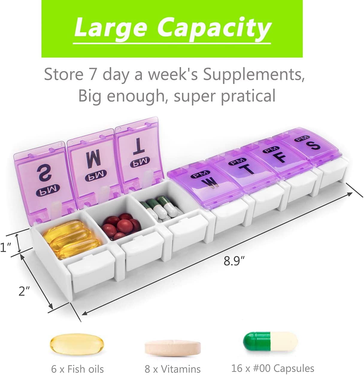 Xlhshop 7 Day AM PM Pill Organizer, 2 Times Daily Large Pill Case, Push Button Pop Open Pill Box, Portable Weekly Medicine Holder for Pills, Vitamins, Fish Oil & Supplements