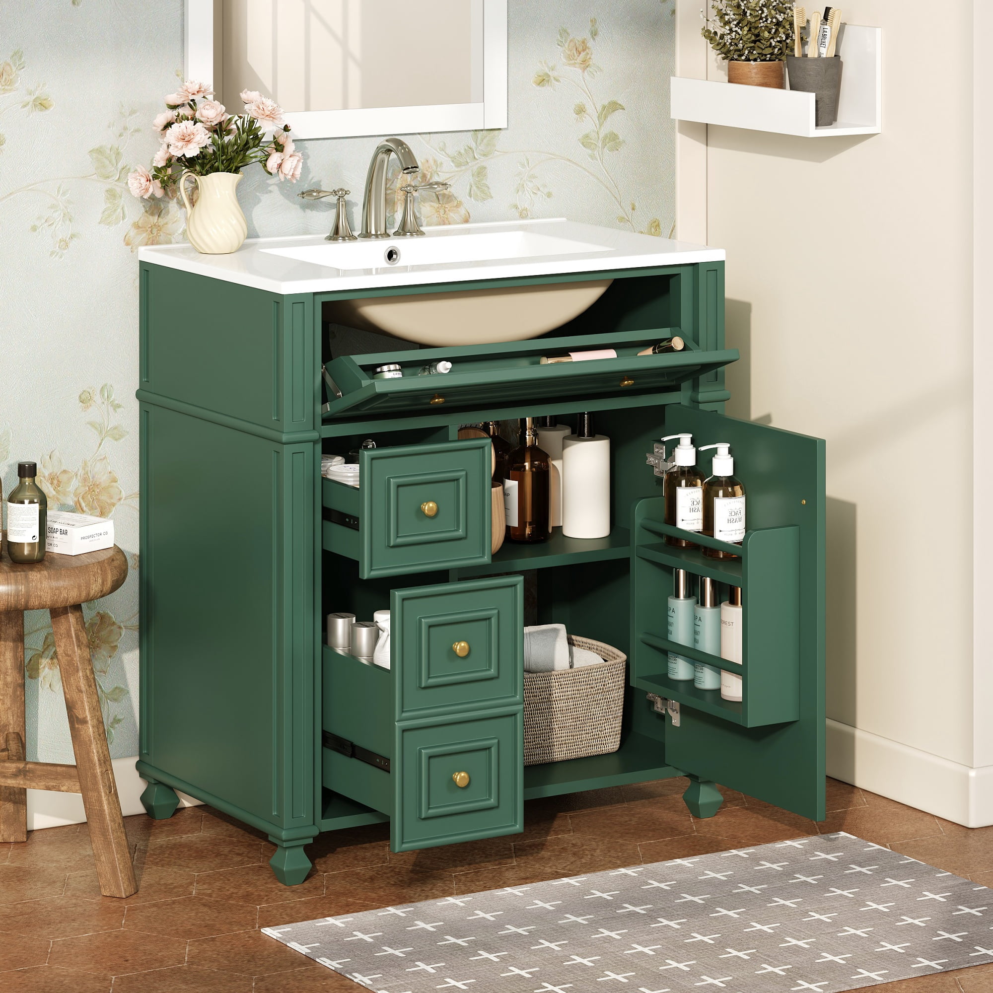 Euroco Bathroom Vanity Cabinet with Ceramic Sink Basin, 30 Inch, Storage Cabinet with Soft Close Doors and Door Organizer