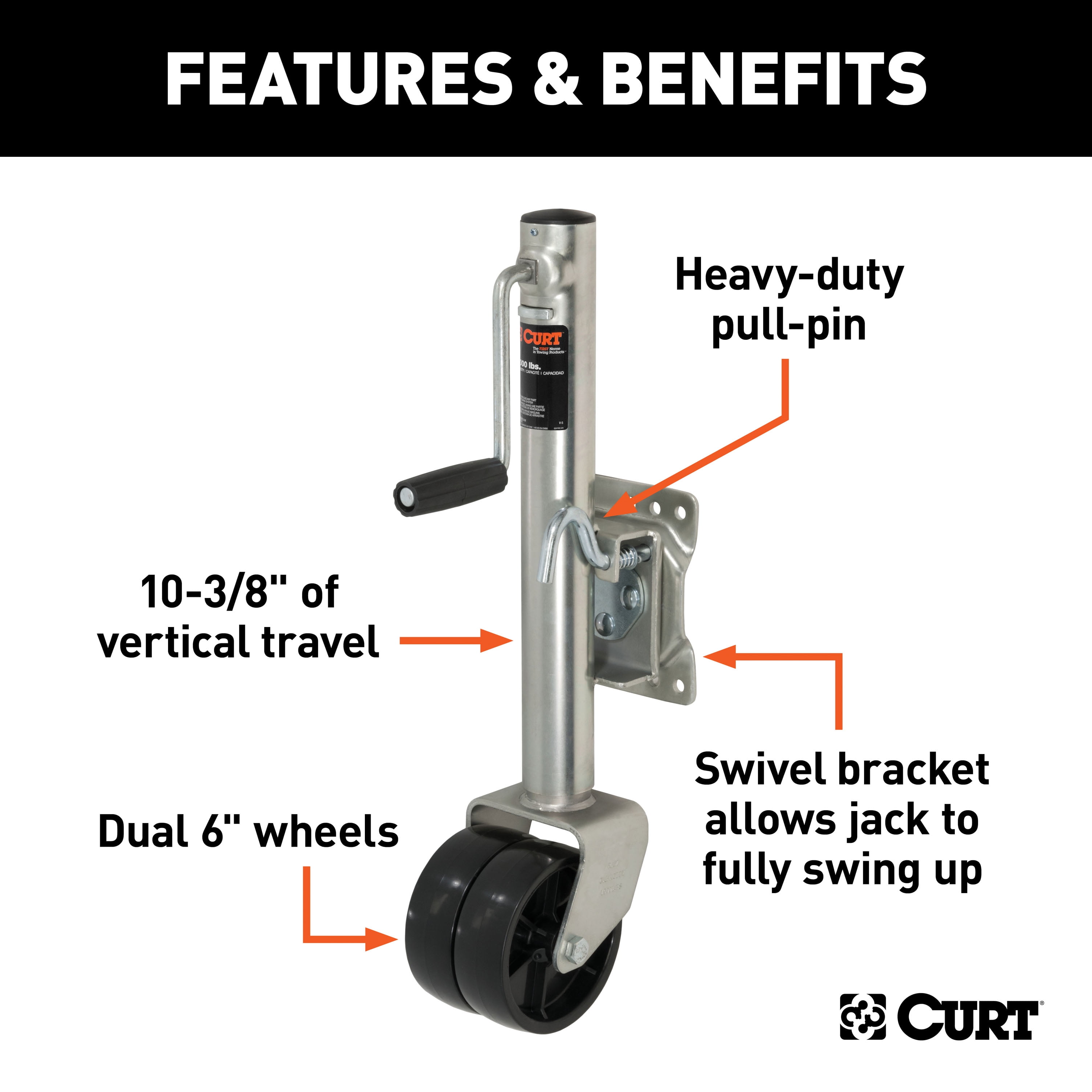 10-3/8 Inches Vertical Travel CURT 28156 Marine Boat Trailer Jack with 6-Inch Wheels 1,500 lbs 