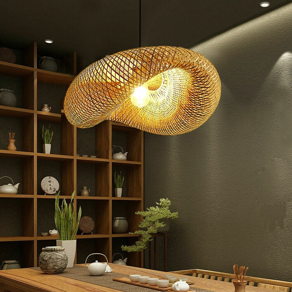 Fichiouy Bamboo Wicker Rattan Wave Shade Pendant Light Hanging Lamp