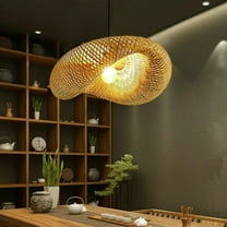 Fichiouy Bamboo Wicker Rattan Wave Shade Hanging Pendant Light