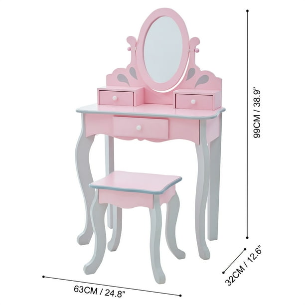 Teamson Kids Wooden Vanity Set Table With Mirror Stool Pink Grey