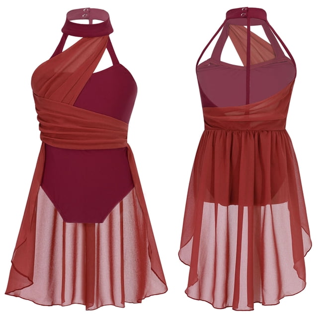 TiaoBug Robe Justaucorps Sans Manches pour Filles, Col Halter, Robe de Danse Ballet, Bourgogne 12