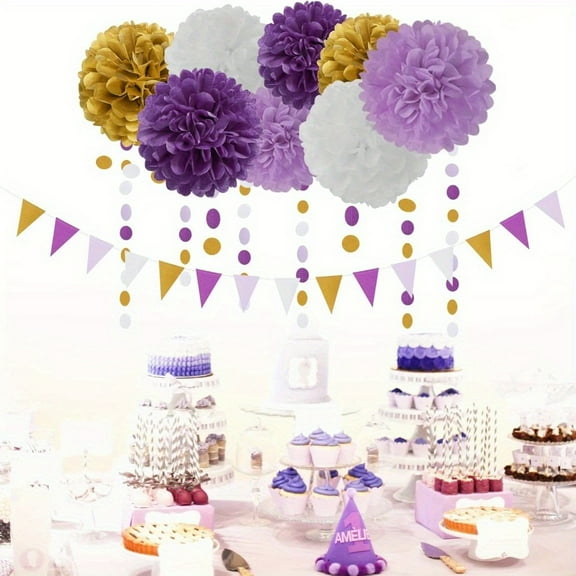 Purple Gold Graduation Decorations - 30pcs Kits Lavender White Paper Flowers,Banner Flags,Tassel Streamer Garland Engagement Girl Baby Bridal Shower Party Decoration Lasting Surprise