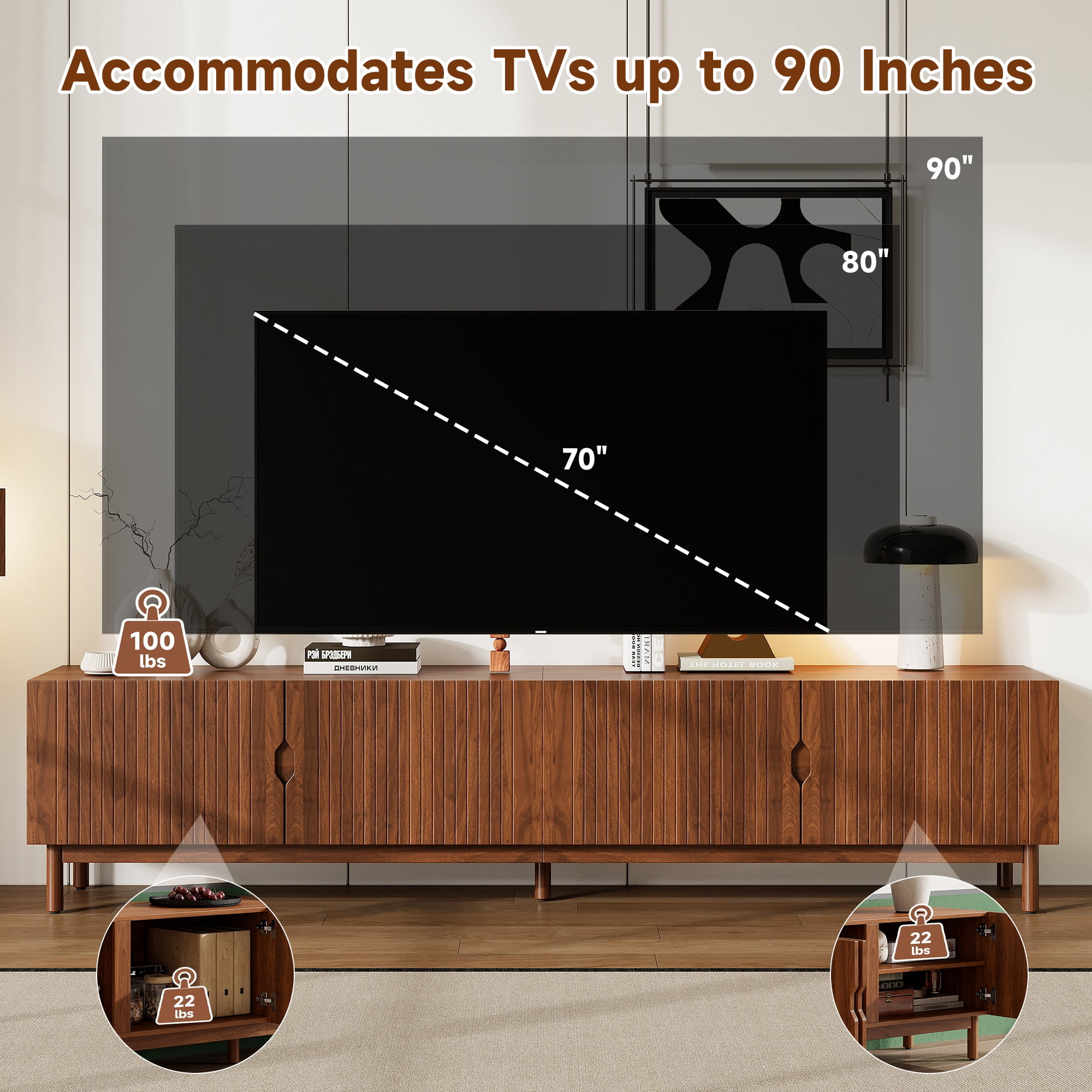 TV Stand for TVs up to 90 Inch, Entertainment Center with Vertical Groove Doors & 4 Cabinets, Media Console with Solid Wood Legs for Living Room