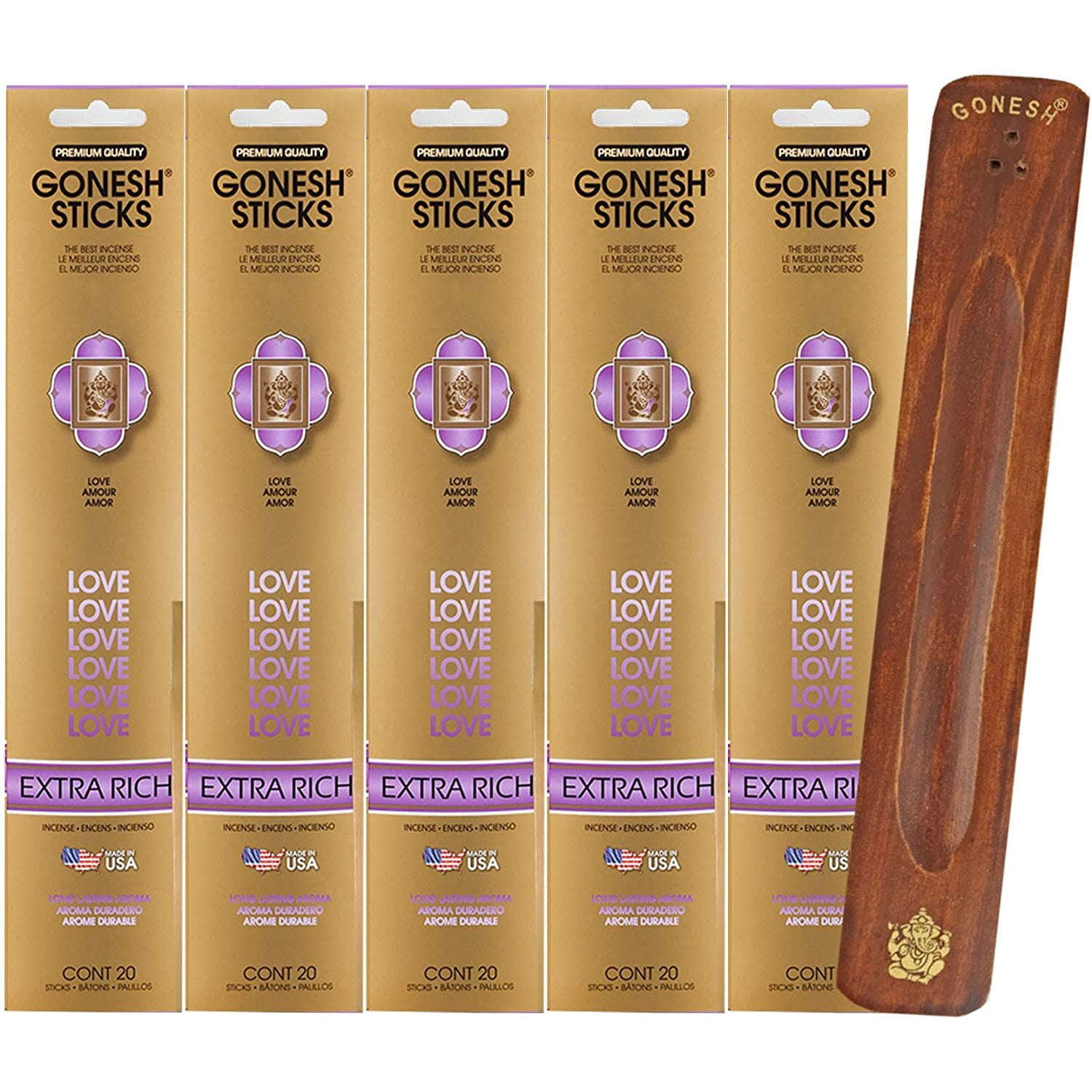 Gonesh Incense Sticks Extra Rich Collection - Love 5 Packs (100 Total) with Incense Holder
