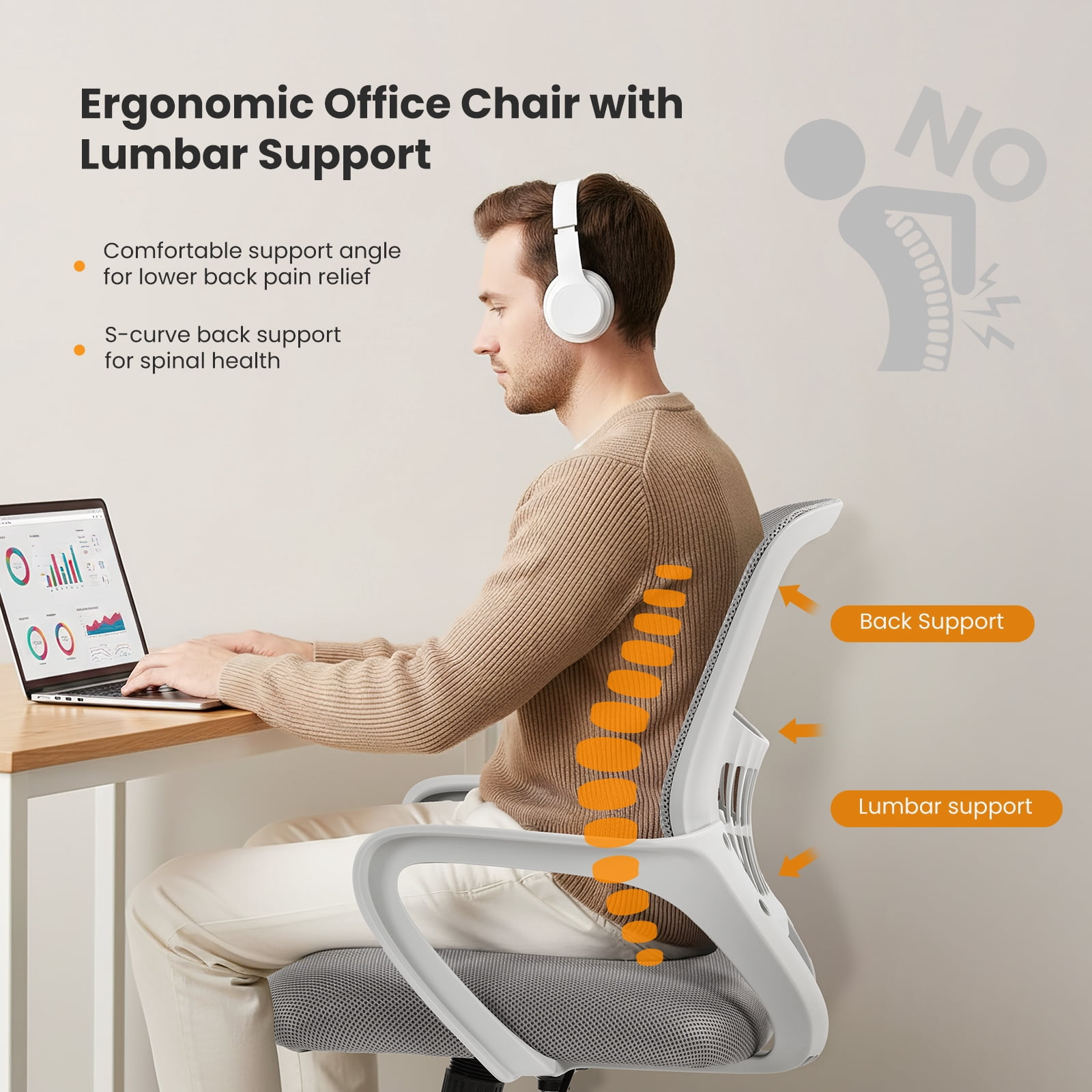 Gianna Ergonomic Mesh Office Chair with Fixed Armrests, Lumbar Support, and Mid-Back Design for Home & Desk Use with Smooth-Rolling Wheels, Gray