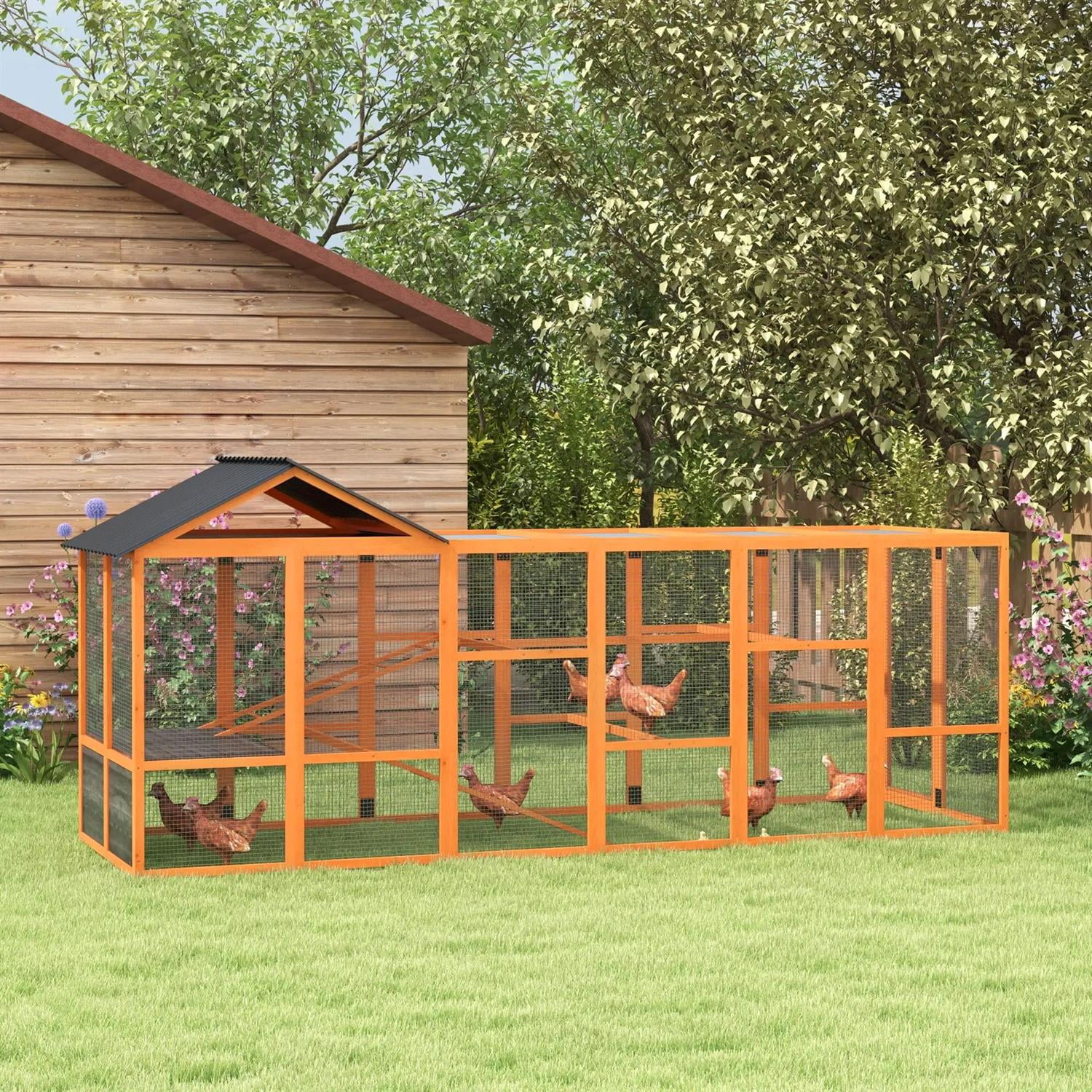 Pefilos 141" Large Chicken Coop Rabbit Hutch, Outdoor Wooden Poultry Cage Hen House Add-On with Storage, Perches for Garden Backyard, Orange