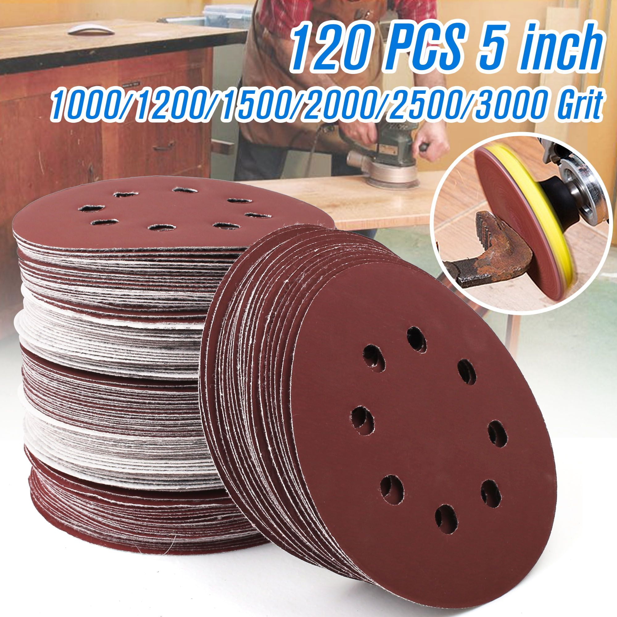 120PCS 5 Inch 8 Holes Sanding Discs 1000 1200 1500 2000 2500 3000