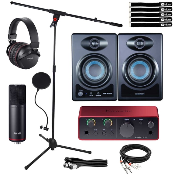 Focusrite Scarlett Solo Studio USB Audio Interface with Clutch CL-SG3BT Sonic Groove Desktop Monitor Speakers Package