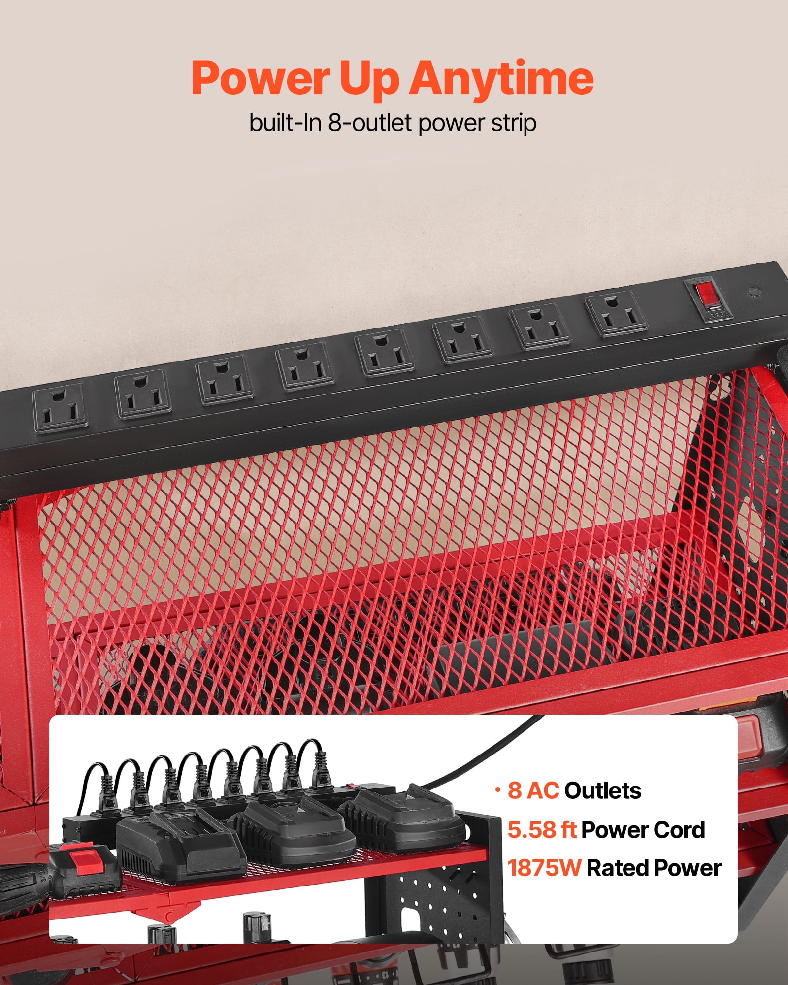 VEVOR Power Tool Organizer with Charging Station, 4-Layer Drill Storage Rack with 8 Drill Holders & Side Pegboard, Garage Tool Organizer Built in 8 Outlet Power Strips for Garage,Workbench,Workshop
