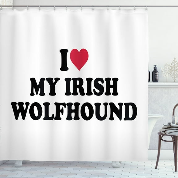 Irish Wolfhound Shower Curtain, Animal Pet Domestic Associated I Love My Inscription and Heart, Fabric Bathroom Set with Hooks, 69W X 84L Inches Extra Long, Red Charcoal Grey White, by Ambesonne