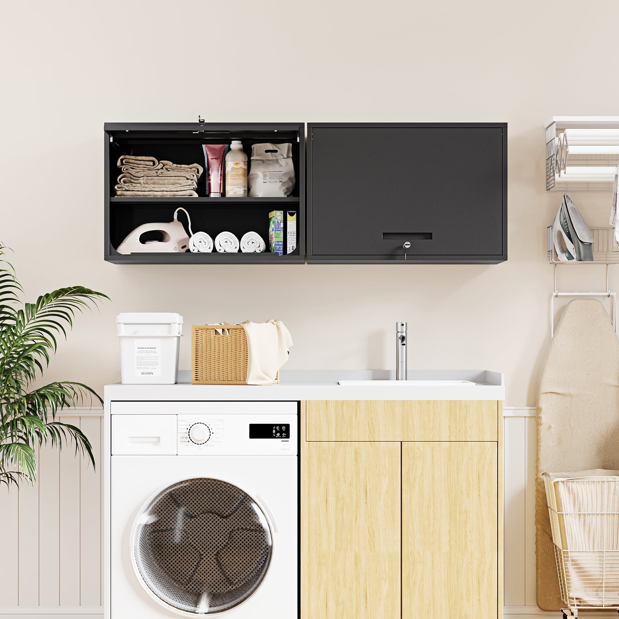 AUHUP Steel Wall Cabinet, Versatile Adjustable Metal Wall Mounted Storage Cabinet Organizer for Garage, Office, Kitchen, Black, 31.5"W x 22"H x 16"D