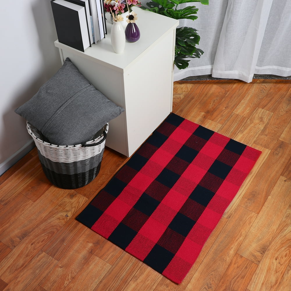 Washable Cotton Checkered Plaid Area Rugs for Indoor/Outdoor, Red