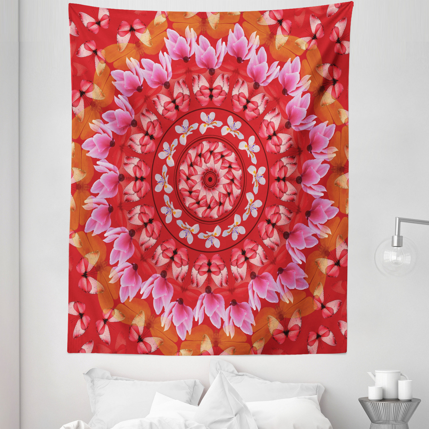 Mandala Tapestry, Spring Blossoms Floral Branches and Butterflies