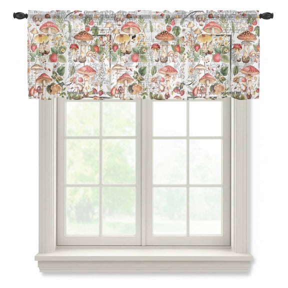 Mushroom Valance Curtains for Kitchen/Living Room/Bathroom/Bedroom Window, Rod Pocket Small Topper Half Short Window Curtains Voile Sheer Scarf, Pastoral Summer Botanical Watercolor Vintage 42"x12"