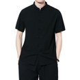 thumbnail image 2 of Koszal Men Solid Color Stand Collar Short Sleeve Loose Shirt Chinese Style Tang Suit, 2 of 7