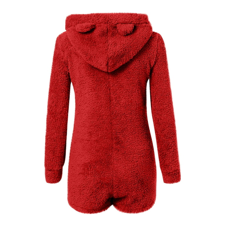 QATAINLAV Womens Warm Fuzzy Fleece Sherpa Hooded Romper Cute Bear