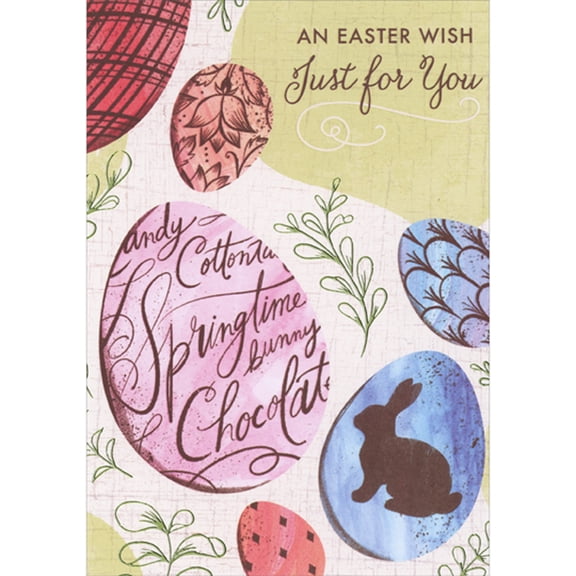 Designer Greetings An Easter Wish: Large Pink Egg with Holiday Sentiments, Blue Egg with Rabbit Silhouette Easter Card Just for You