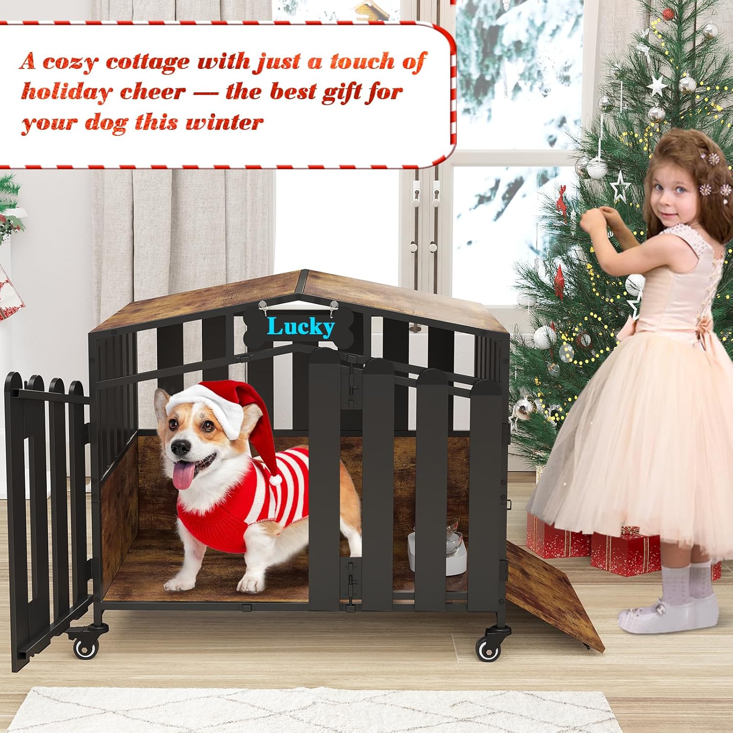 POAO 31"Heavy Duty Dog Crate Furniture with 360°Wheels,Dog Kennel Indoor for Small Dogs,Wooden Dog Cage with Feeding Window &Name Tag,Brown