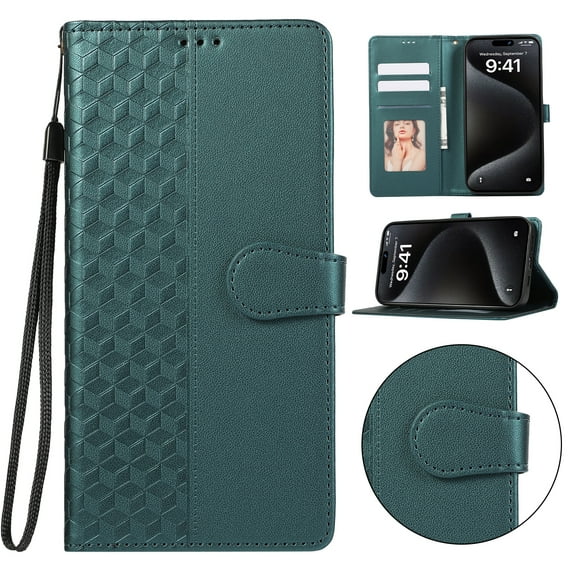 Wallet Case for Samsung Galaxy S24,RFID Blocking Credit Card Holder & Cash Slot,Premium PU Leather Folio Magnetic Flip Kickstand Lanyard Shockproof Cover For Samsung Galaxy S24,Green