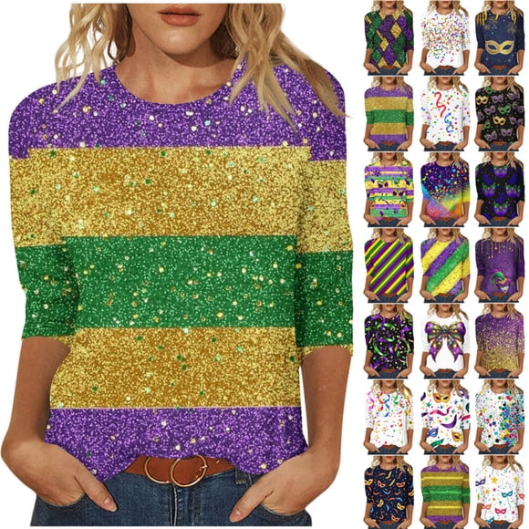 Mardi Gras Outfit for Women Plus Size New Orleans Party Shirt Casual Crewneck Tshirts 3/4 Length Sleeve Tops White Tops,Size S-3XL
