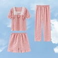 thumbnail image 2 of Plebaso Girls Pajama Set Short Sleeve Tops Sleepwear Shorts Long Pants 3 Piece Kids Loungewear Outfits, 2 of 6