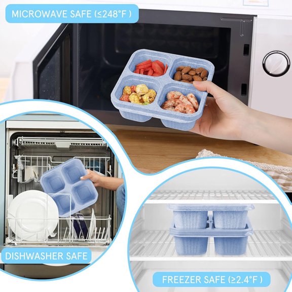 Lunch Box,Wheats Straw Squares Four Compartments Lunch Box with Transparent Lid Lunch Box Fruit Compartment Refrigerator Fresh Complementary Food Box,Blue