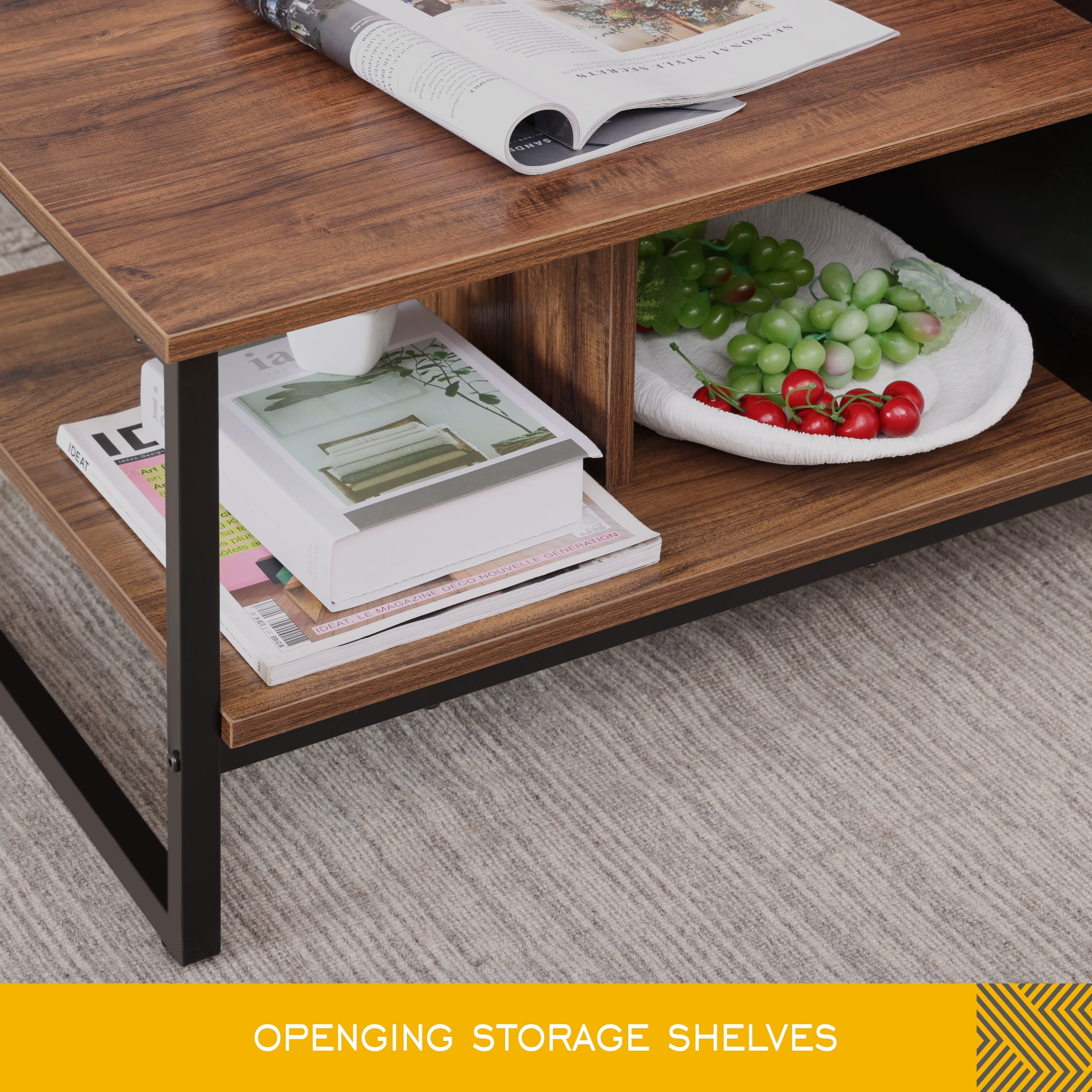 FITUEYES Industrial Wood and Metal with Shelves Coffee Table, Walnut/Black
