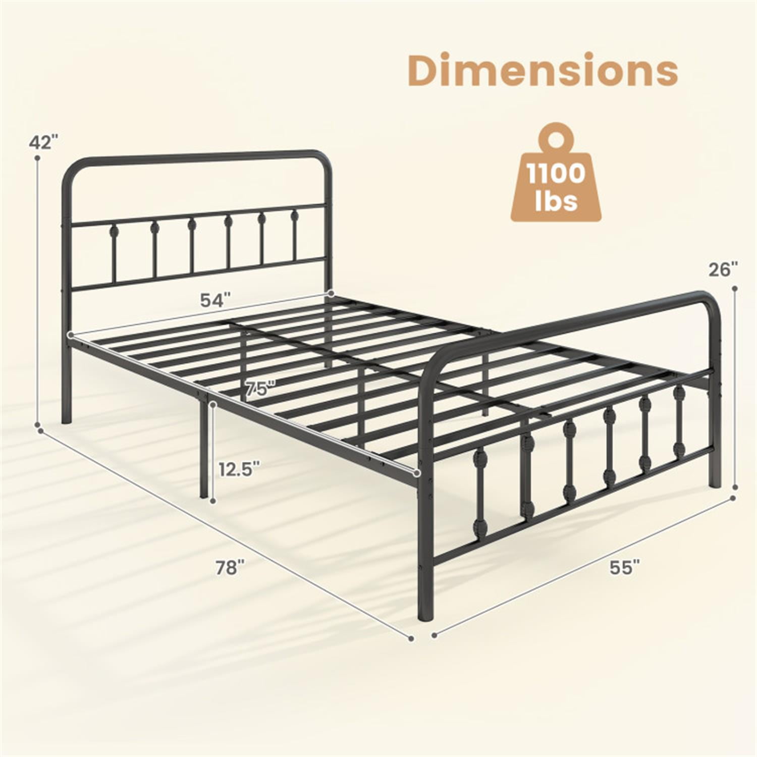 Demi Bonn Full Size Bed Frame with Headboard, Metal Platform Bed Frame with Under Bed Storage, No Box Spring Needed, Black