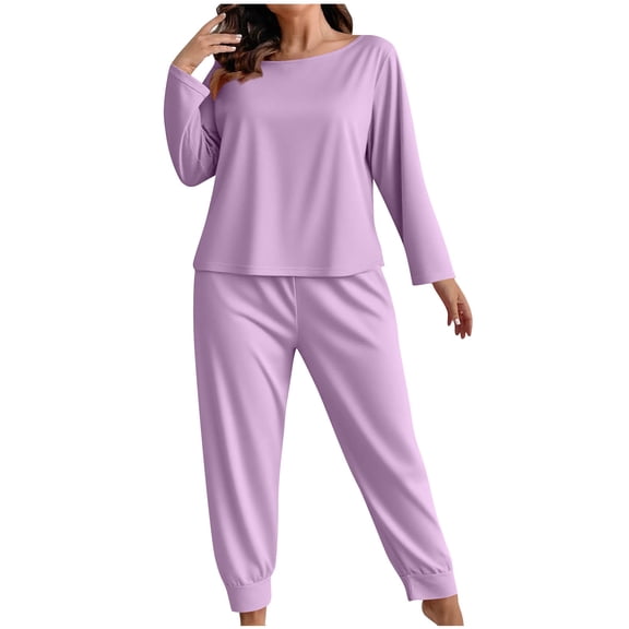 BLTIBY Women's Pajama Sets Solid Color Loose Cozy Plus Size Pajamas 2 PC Long Sleeve Round Neck Tops Sleep Pants Sleepwear Set Purple 3XL