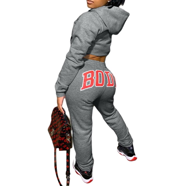 EYIIYE Womens 2 Piece Outfits Tracksuits Hooded Crop Top Sweatshirt + Sweatpants Body Letter Printed Fall Winter Sweatsuits
