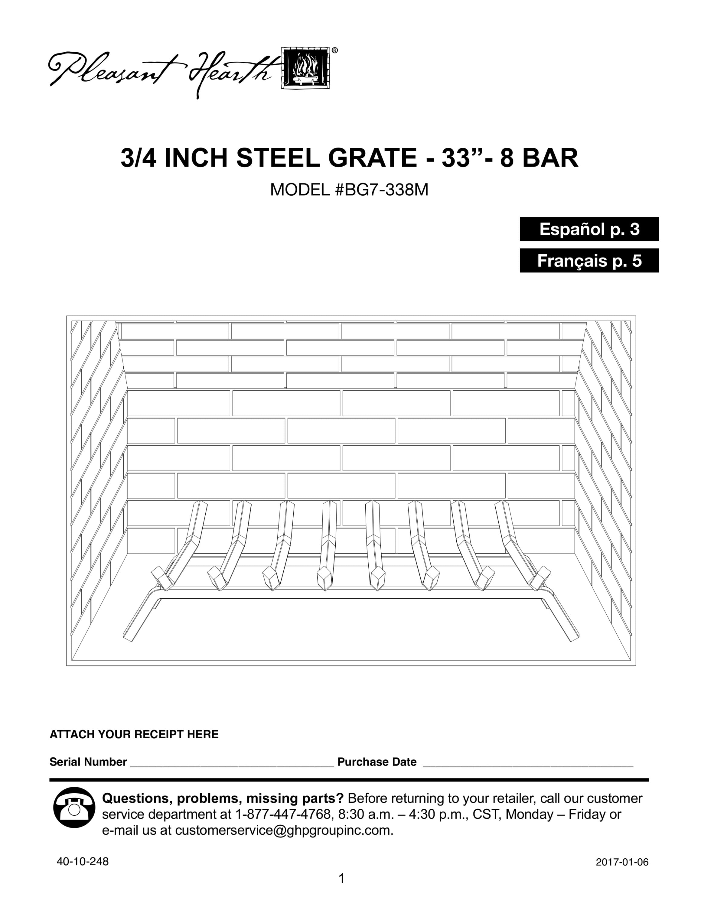 Pleasant Hearth Fireplace Grate 3/4 in 8-Bar Heavy-Duty Steel 33 in 