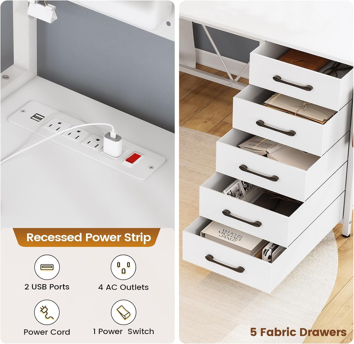 L-Shaped Computer Desk with LED Strips&Display Cabinet Reversible Gaming Desk with Power Outlets/5 Drawers/Pegboard for Office, White