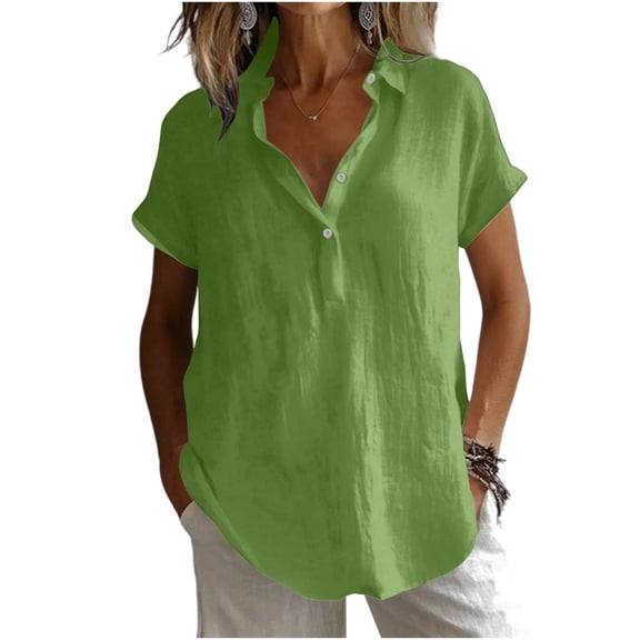 Cilsoka Linen Tops for Women - Summer Gauze Shirts Button Down Short Sleeve V Neck Blouses Dressy Casual Tunic Clothes