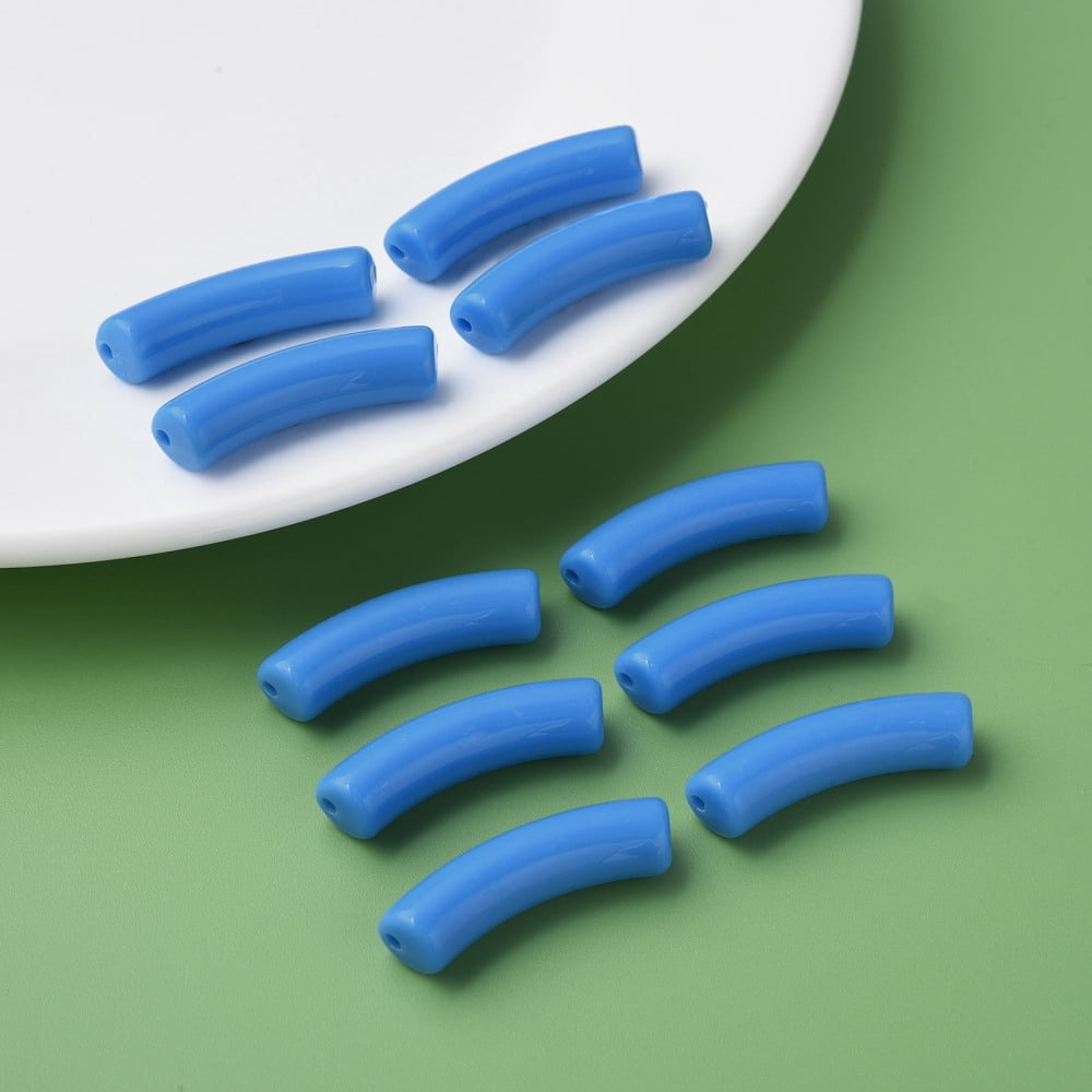 Opaque Acrylic Beads Curved Tube Dodger Blue 32x10x8mm Hole: 1.8mm