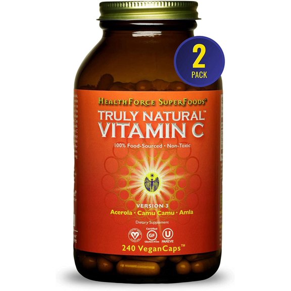 HealthForce SuperFoods Truly Natural Vitamin C - Immune Support Supplement with Camu Camu Berry - Vitamin C Supplement for Immune Health - Vegan, Non-GMO - 240 Vegan Caps, 60 Servings (Pack of 2)