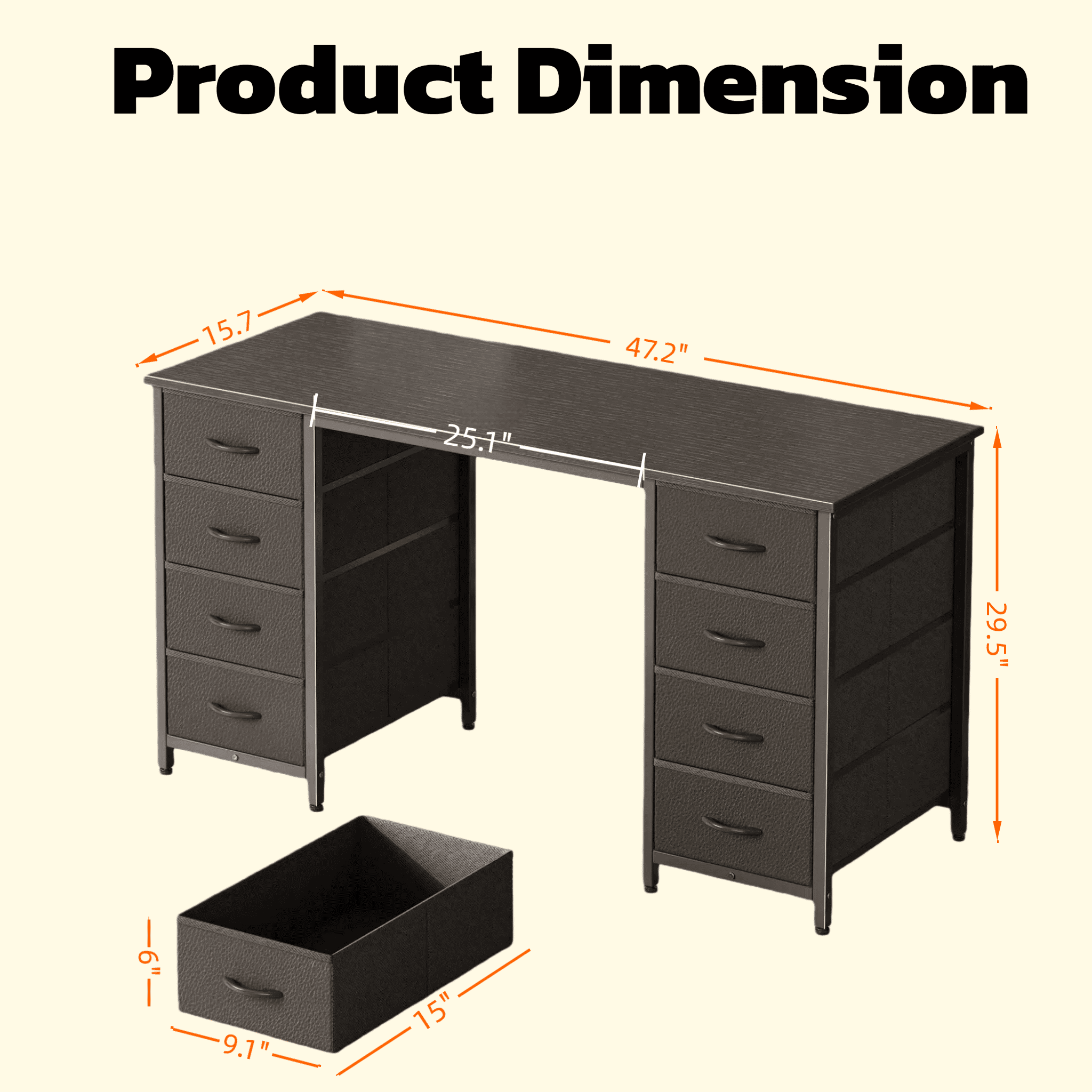 CONCETTA 47 Inch Computer Desk with 8 Fabric Drawers, Home Office Desk Workstation for Study & Gaming, Large Storage Writing Desk, Sturdy Metal Frame, Black