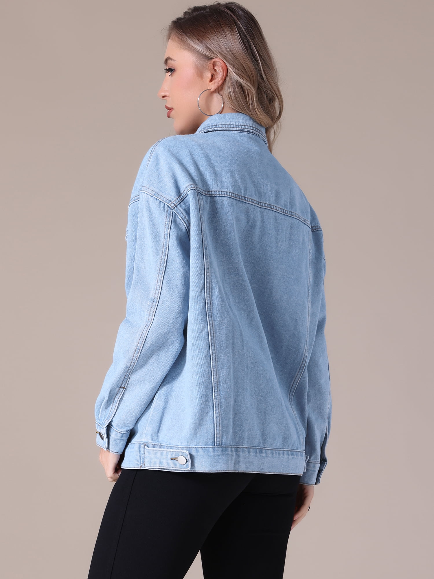 Unique Bargains Women's Casual Denim Jacket with Oversized Pockets 2XL Light Blue