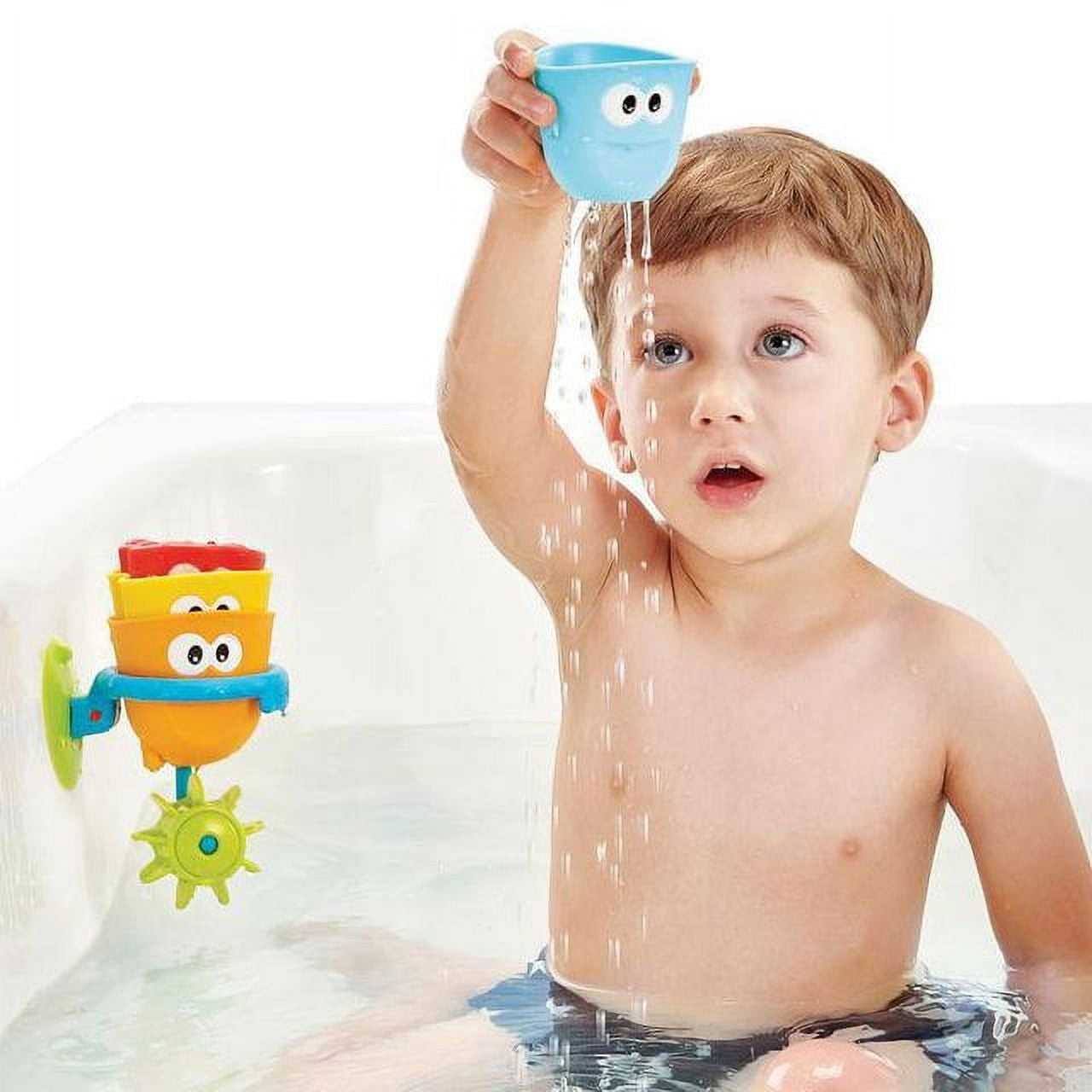 Yookidoo Baby Bath Toys - Fill 'N' Spill Set of Four Stackable Cups with Suction Cup Ring Holder and Water Wheel- Sensory Toy for Bath Time - Attaches to Any Bath Tub