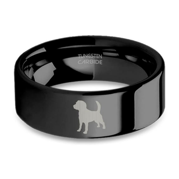 Beagle Dog Silhouette Laser Engraved Black Tungsten Wedding Band, 8mm, Size 15