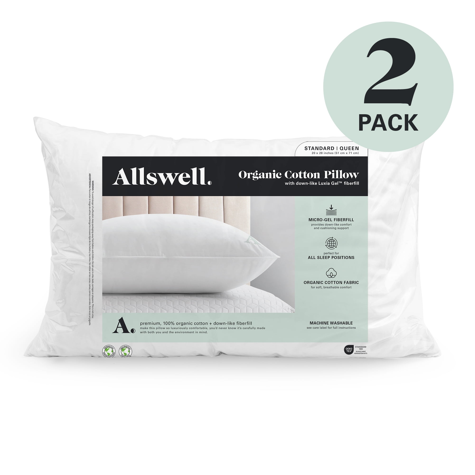 Allswell Organic Cotton Downlike Bed Pillow, Standard/Queen, 2 Pack