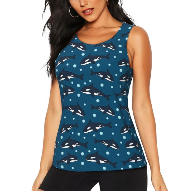 Balery Cute Shark Camiseta sin mangas estampada ligera para mujer, tops de entrenamiento sin mangas, camisetas de yoga transpirables de secado rápido.-XX-Large