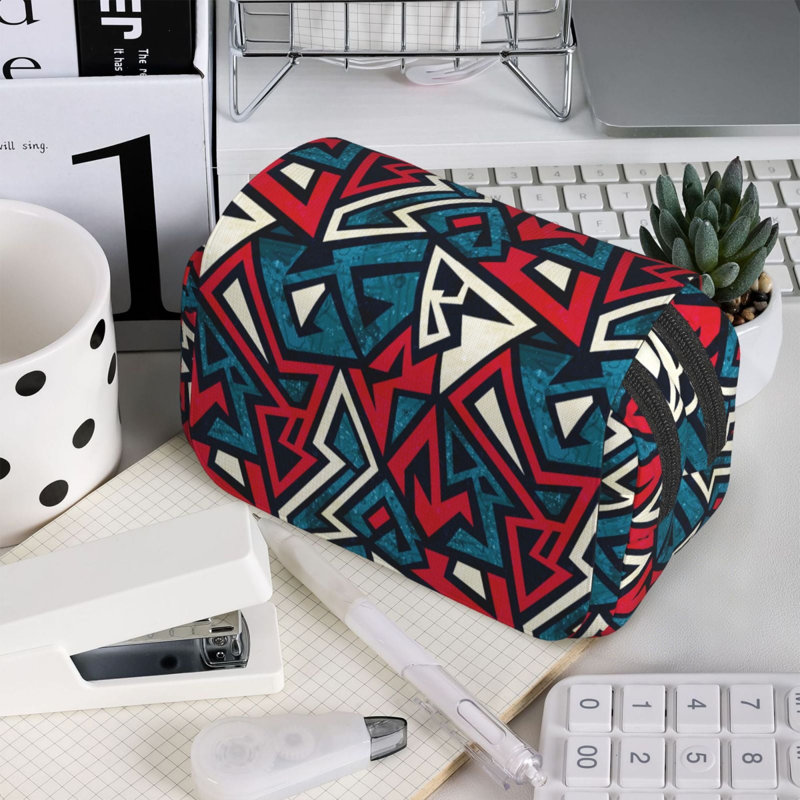 Rateoe Geometric Elements Pattern Double Clamshell Pen Case, Storage Organizer with Two Zipper Compartments– Holds Up to 50 Pencils & Pens