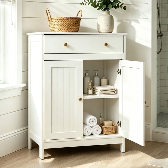 Ktaxon Bathroom Floor Cabinet, Freestanding Storage Cupboard w/ Drawer and 2 Doors, MDF White