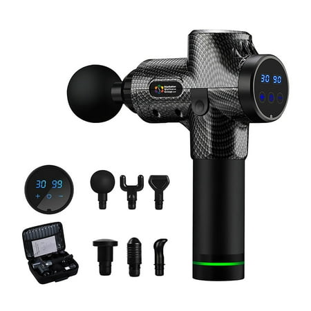 Carbon Massage Gun Touch Screen LCD Portable Cordless Sports Deep Muscle Massage Gun for Pain relief, Rechargeable, 6 Heads, 30 speed, Handheld Percussion Quiet Portable Massage Gun